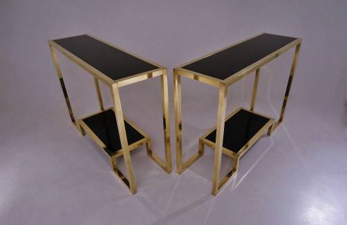 Pair brass console tables with black lacquer Guy Lefevre, French